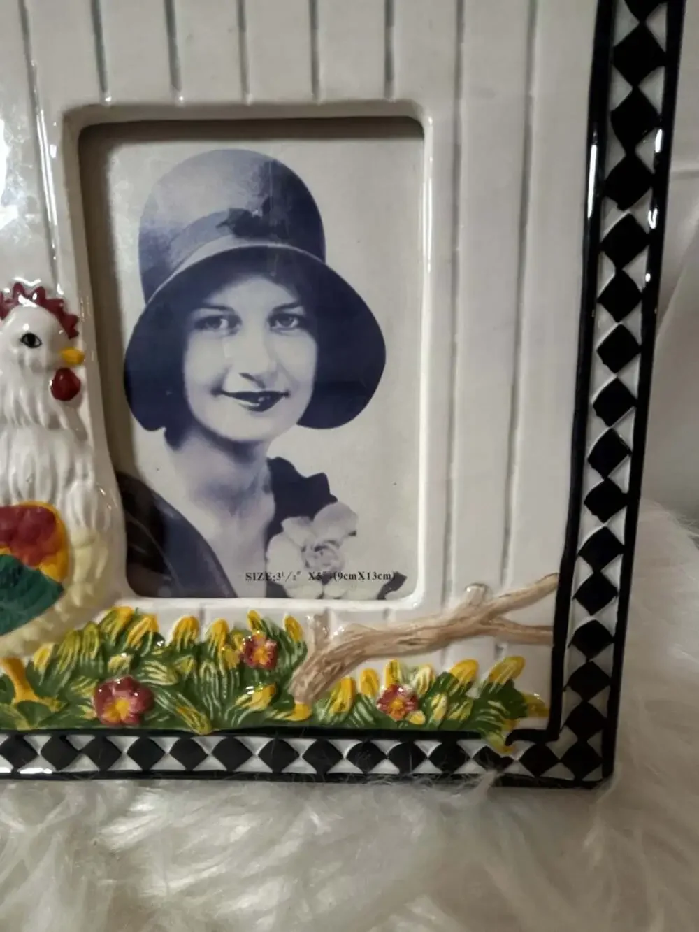 Vintage Ceramic Rooster Picture Frame with Black and White Checkered Border